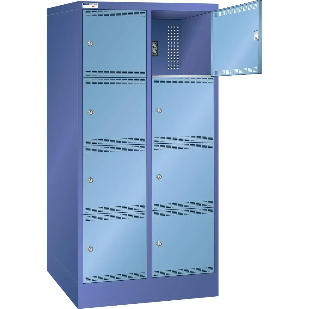 Thur Metall Akku-Ladeschrank mit Fächern, für E-Bike-Akkus, HxBxT 1790 mm x 810 mm x 580 mm, Key Lock, taubenblau/hellblau