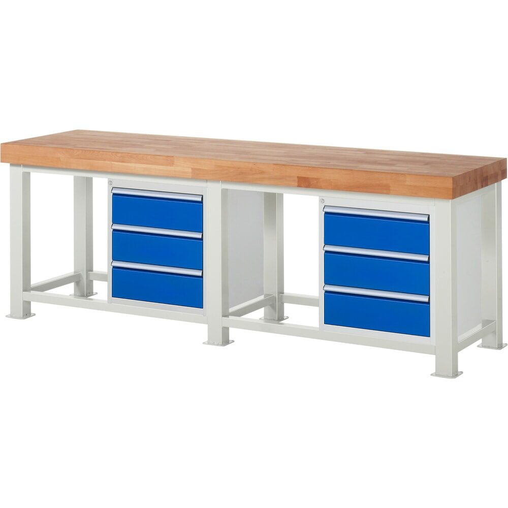 RAU Schwerlastwerkbank, mit massiver Buchen-Arbeitsplatte, Tragfähigkeit 4500 kg, mit 6 Schubladen, HxBxT 900 mm x 2500 mm x 700 mm