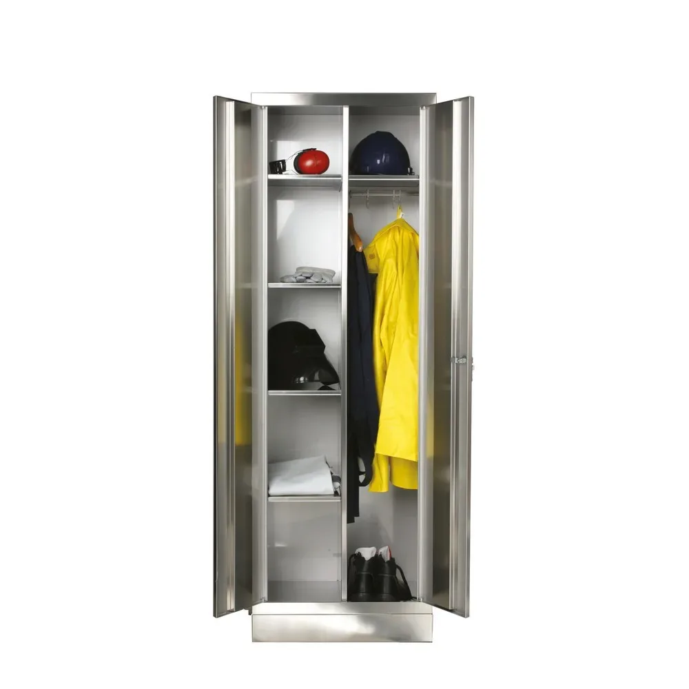 Reinsch Kleiderschrank aus Edelstahl, 2-flügelig, 1 Kleiderstange, 5 Böden, HxBxT 1.800 x 800 x 500 mm, Sockel