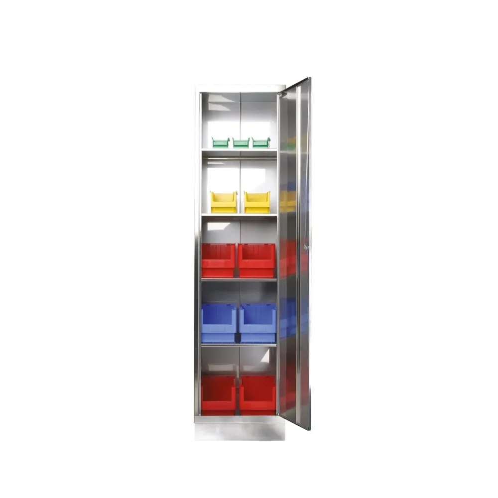 Reinsch Flügeltürenschrank aus Edelstahl, 1-flügelig, 4 Einlegeböden, HxBxT 1.950 x 500 x 400 mm, Sockel