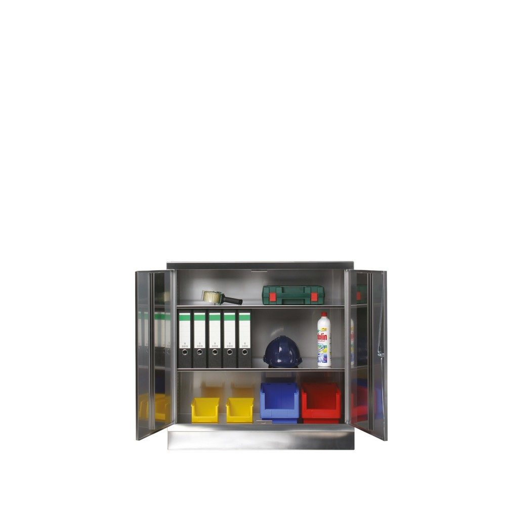 Reinsch Beistellschrank aus Edelstahl, 2-flügelig, 2 Einlegeböden, HxBxT, 1.050 x 1.000 x 400 mm, Sockel