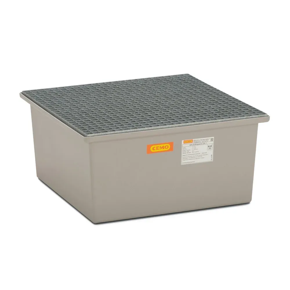 GFK-Auffangwanne 220/1 CEMO, 210 l Auffangvolumen, B 850 x T x 850 x H 400 mm, mit verzinktem Gitterrost
