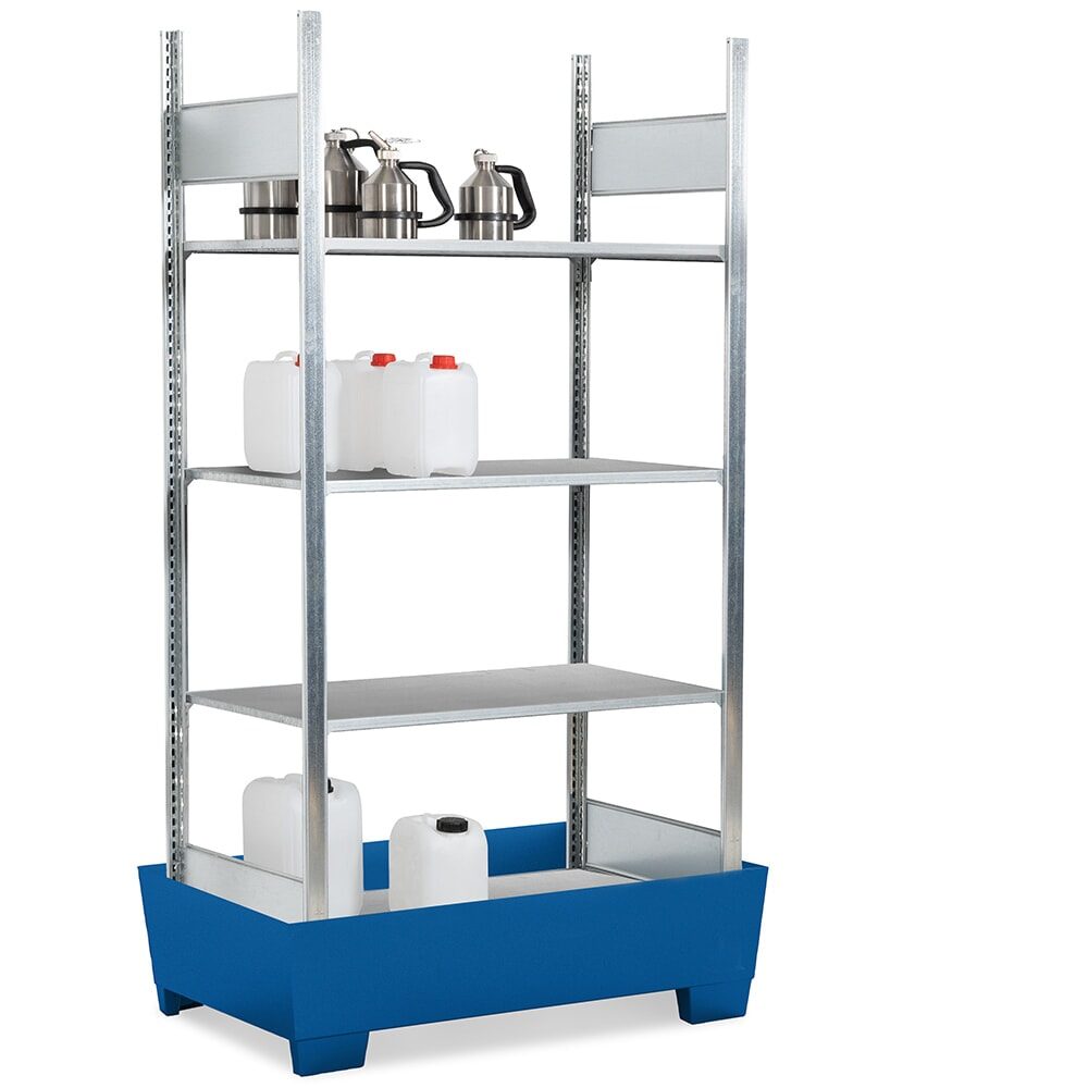 Gefahrstoffregal asecos RWG 1064, B 1236 x T 816 x H 2100 mm, mit 200 l Auffangwanne aus lackiertem Stahl und 4 Stahl-Gitterostböden
