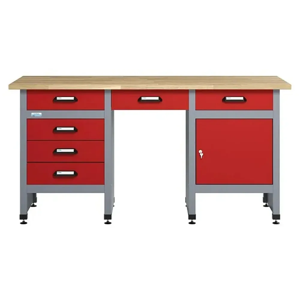Werkbank mit Schubladenblock + Tür + Sitzraum, BxT 1.700 x 600 mm, rot