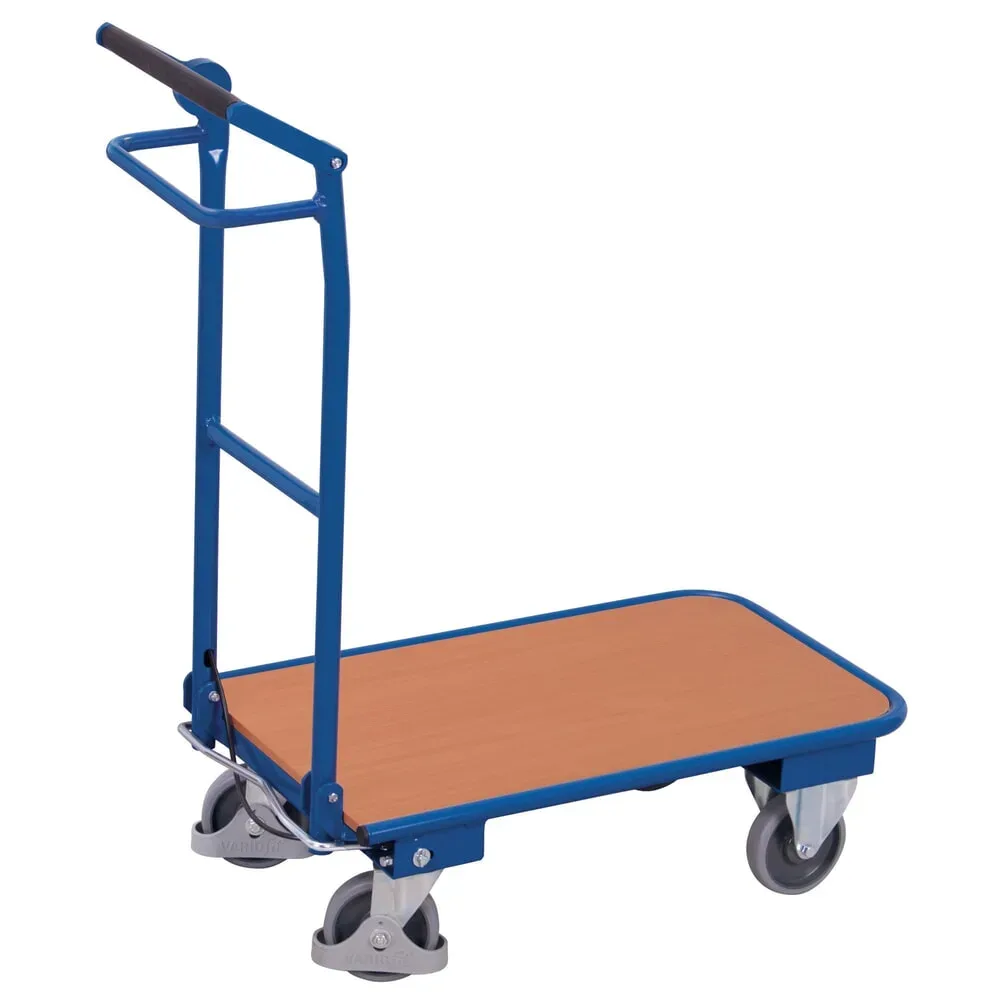 Klappbügelwagen, Stahl/MDF-Platte, Enzianblau/Buche-Dekor, L 720 x B 450 mm, Rohrschiebegriff mit Querstrebe, TPE-Rollen mit Totmannbremse, 150 kg