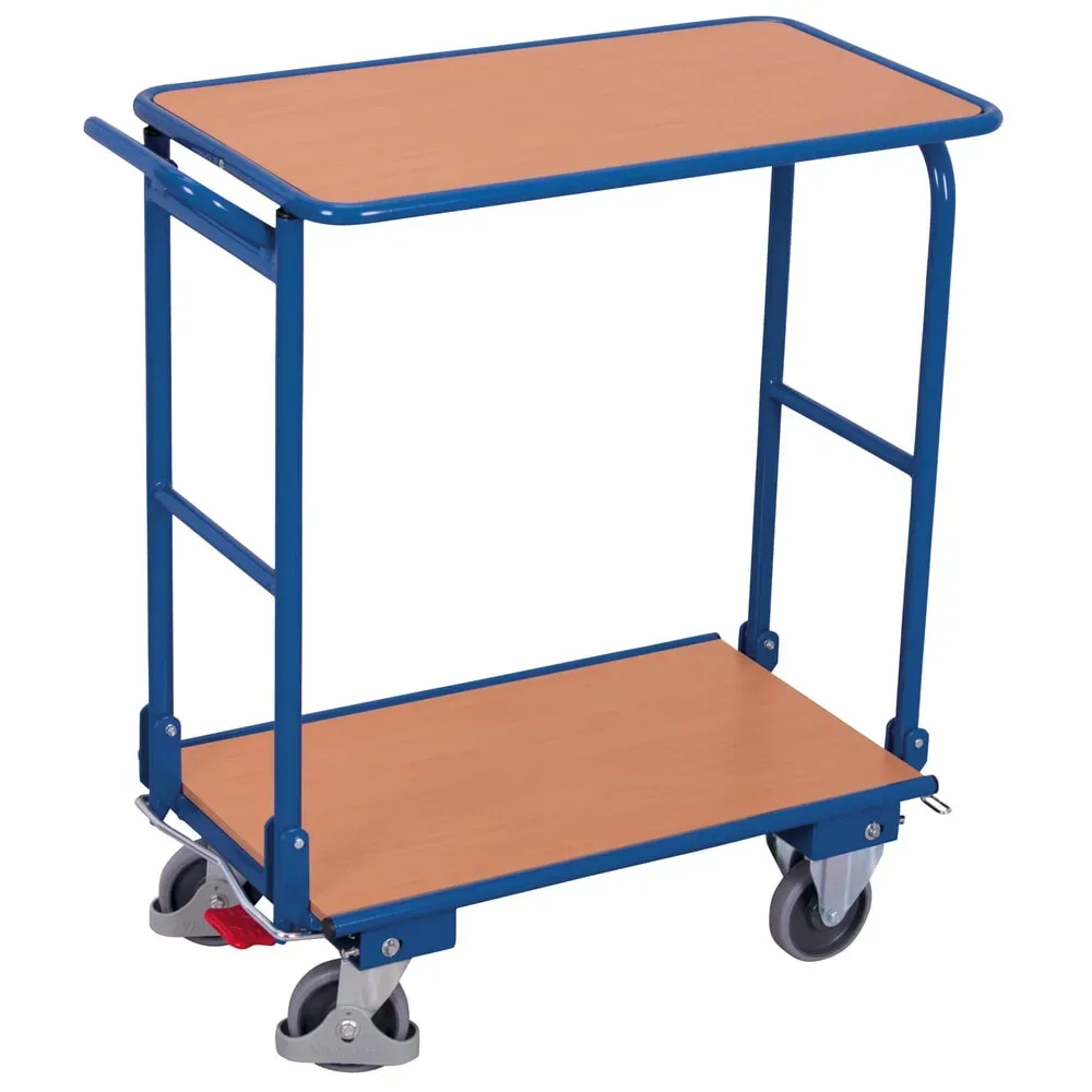 Klappbügelwagen, Stahl/MDF-Platte, Enzianblau/Buche-Dekor, 2 Etagen, L 720 x B 450 mm, klappbarer mit Querstrebe, TPE-Rollen mit EasySTOP, bis 150 kg