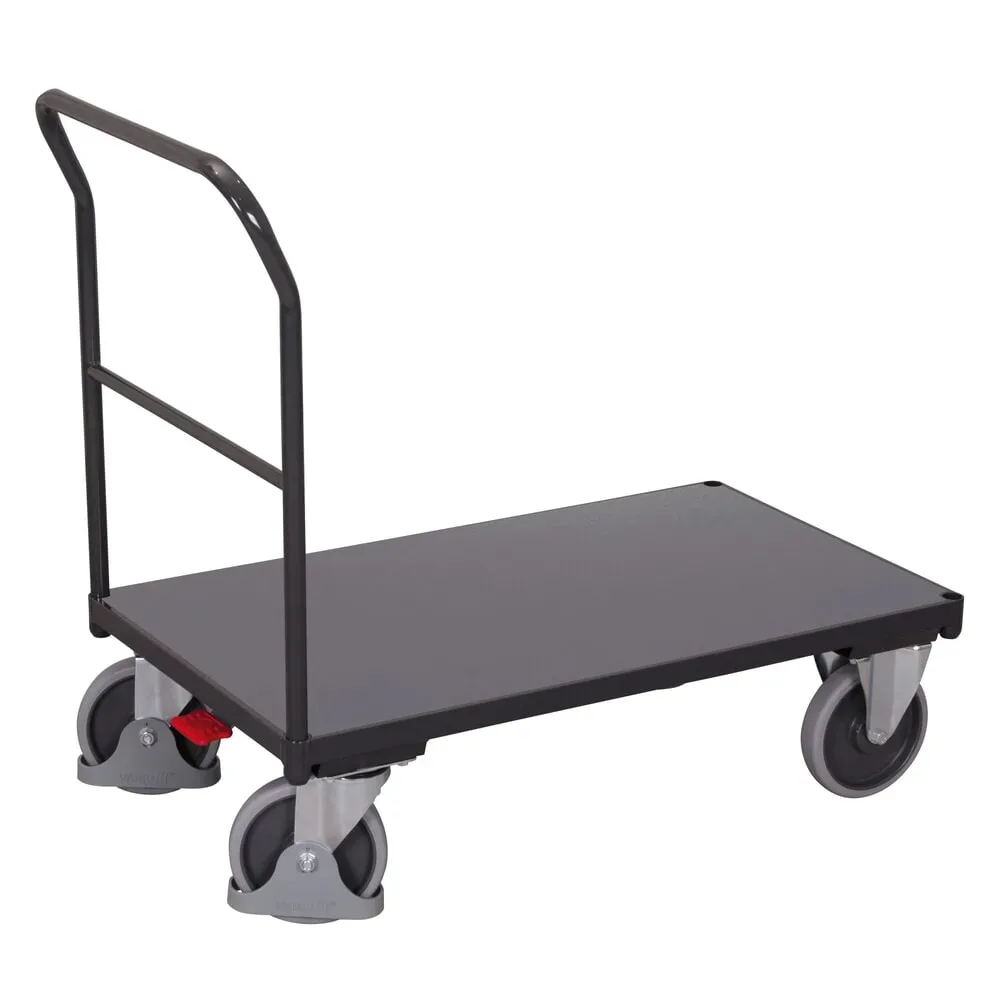 Schiebebügelwagen, Stahl/MDF-Platte, Anthrazitgrau/Dunkelgrau, L 1030 x B 700 mm, mit Querstrebe, TPE-Rollen mit EasySTOP, bis 500 kg