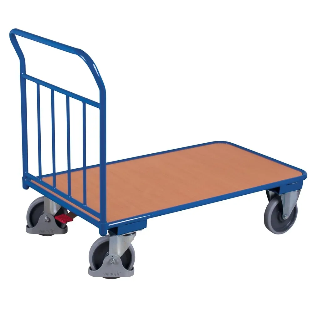 Schiebebügelwagen, Stahl/MDF-Platte, Enzianblau/Buche-Dekor, L 850 x B 495 mm, mit senkrechten Rohren, TPE-Rollen mit EasySTOP, bis 400 kg