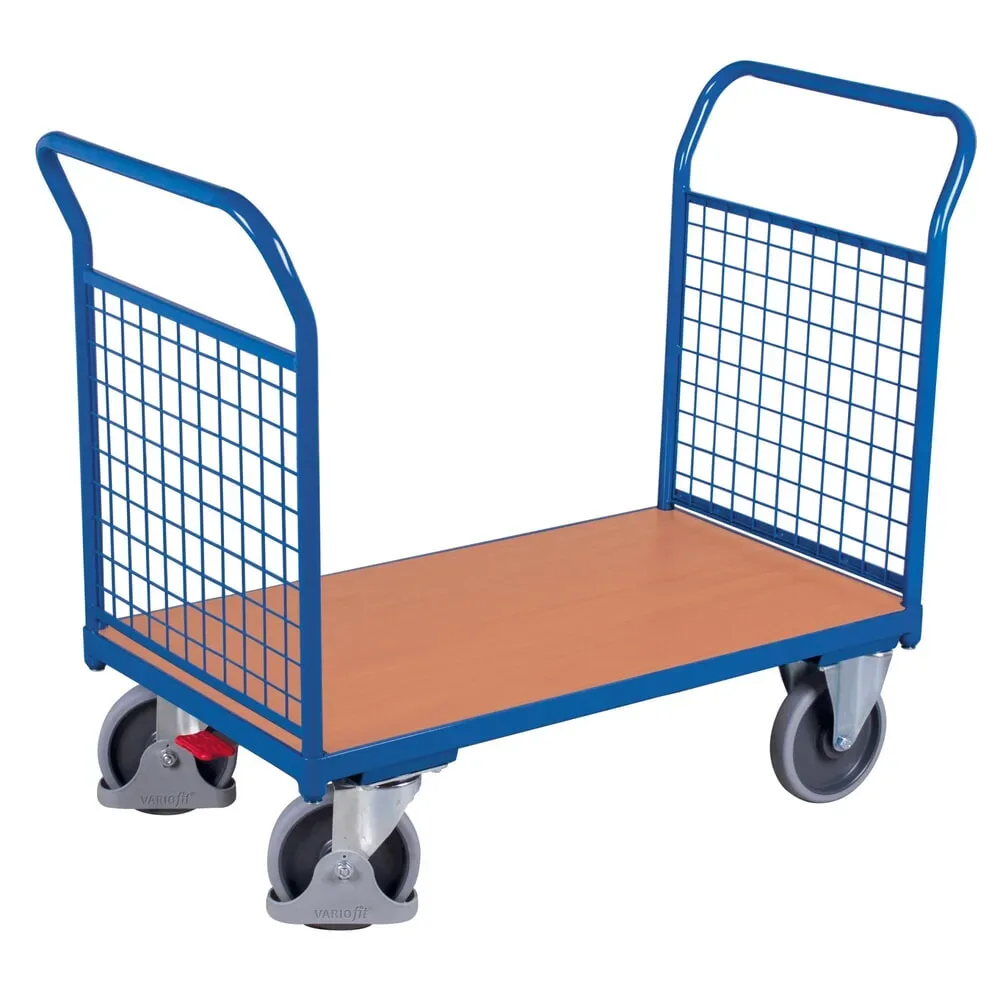 Doppel-Stirnwandwagen, Stahl/MDF-Platte, Enzianblau/Buche-Dekor, L 1200 x B 800 mm, Stirnwände aus Drahtgitter, TPE-Rollen mit EasySTOP, bis 500 kg