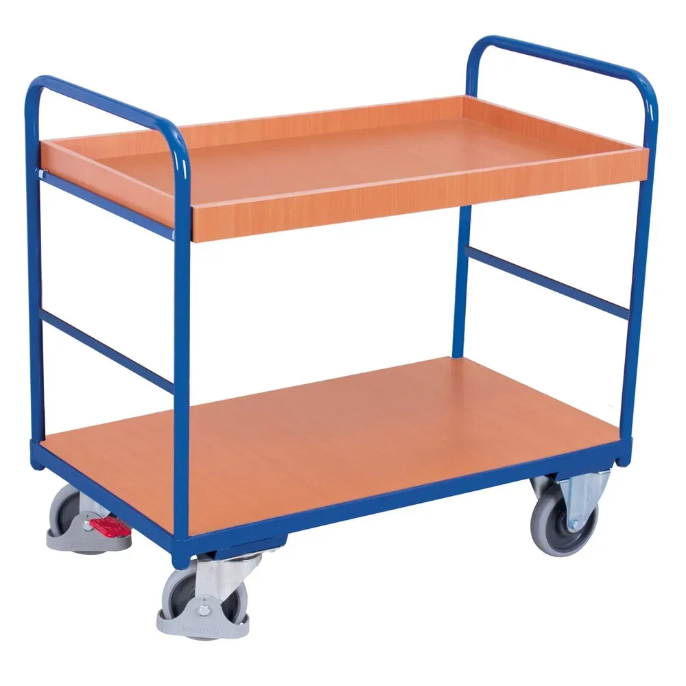 Etagenwagen, Stahl/MDF-Platte, Enzianblau/Buche-Dekor, 2 Etagen, 965 x 555 mm, EasySTOP, bis 250 kg