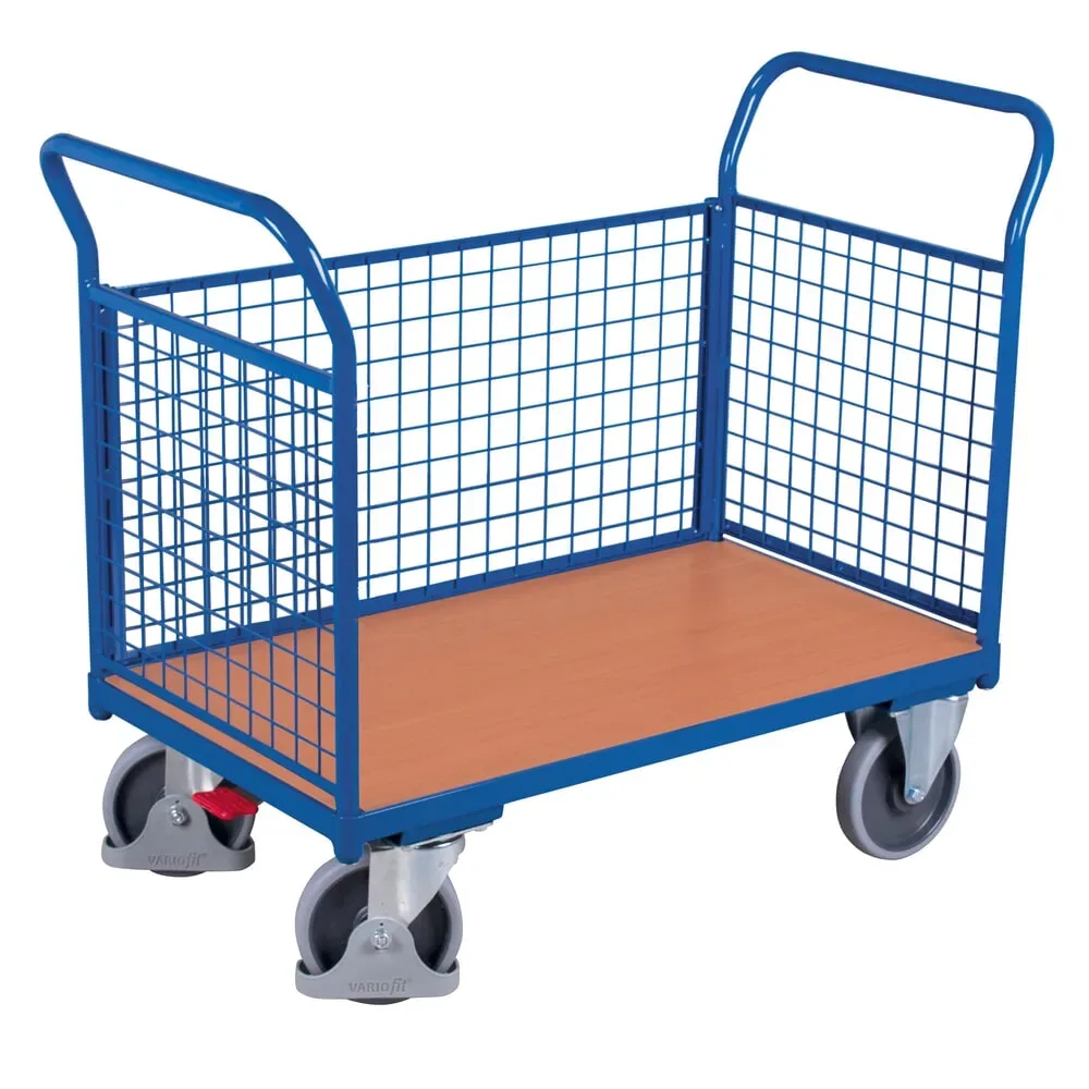 Dreiwandwagen, Stahl/MDF-Platte, Enzianblau/Buche-Dekor, L 1000 x B 675 mm, herausnehmbare Längswand, TPE-Rollen mit EasySTOP, bis 500 kg