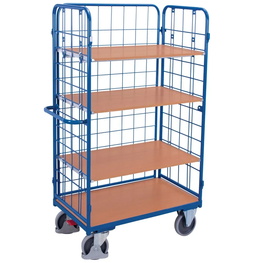 Drahtgitter-Etagenwagen, Stahl/MDF-Platte, Enzianblau/Buche-Dekor, 1 Etage, 850 x 500 mm, einhängbare Längswand, EasySTOP, bis 400 kg