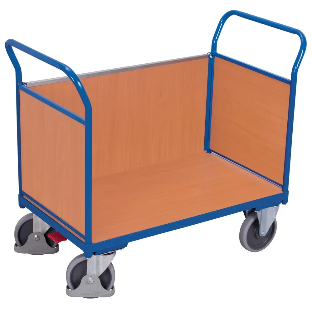 Dreiwandwagen, Stahl/MDF-Platte, Enzianblau/Buche-Dekor, L 850 x B 475 mm, herausnehmbare Längswand, TPE-Rollen mit EasySTOP, bis 400 kg