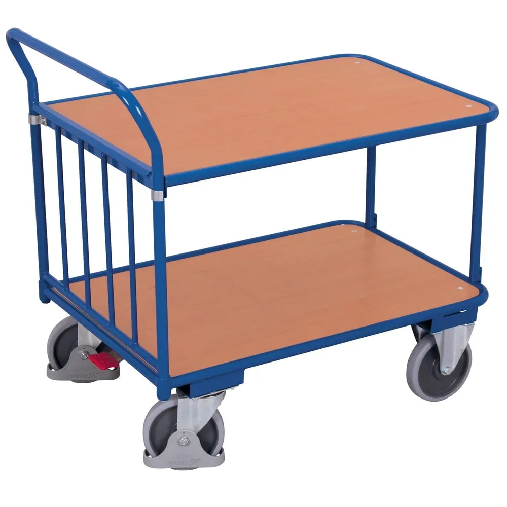 Schiebebügelwagen, Stahl/MDF-Platte, Enzianblau/Buche-Dekor, 2 Etagen, L 1180 x B 695 mm, mit senkrechten Rohren, TPE-Rollen mit EasySTOP, bis 400 kg
