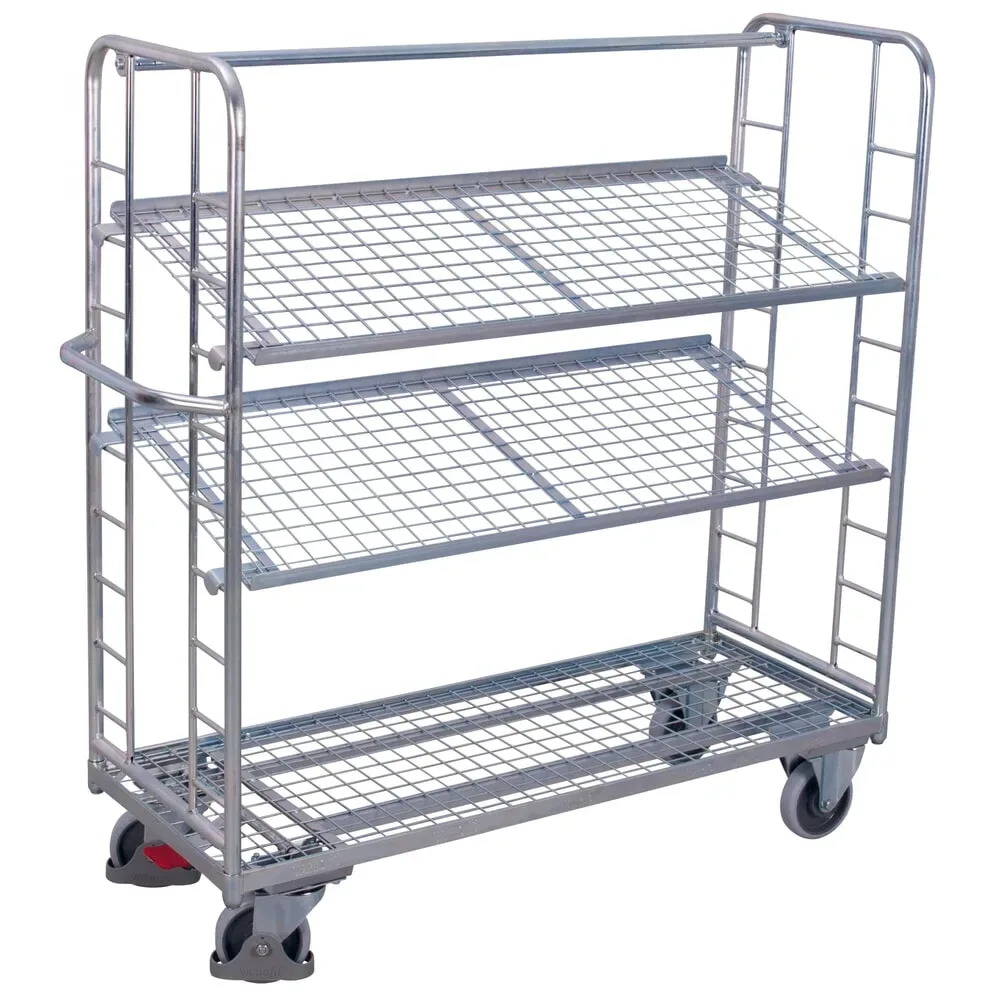 Etagenwagen, Stahl/Drahtgitter, silber, 3 Etagen, 1650 x 650 mm, 2 Stirnwände mit Rundstahlverstrebung, EasySTOP, bis 400 kg