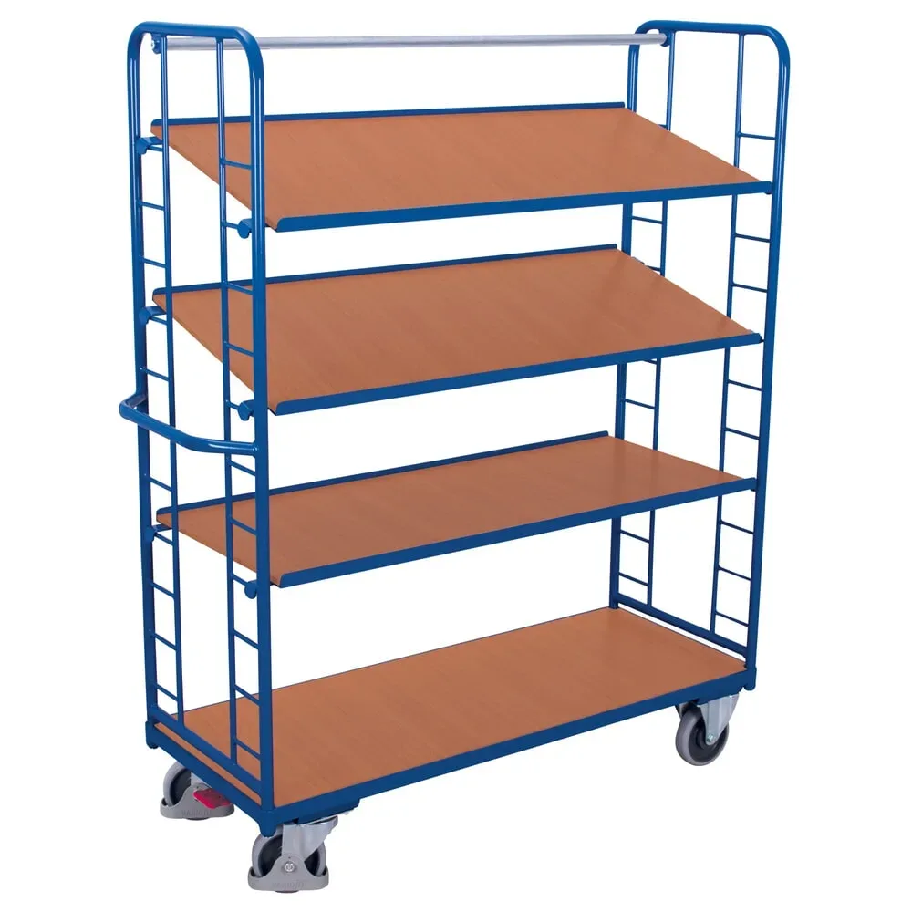 Etagenwagen, Stahl/MDF-Platte, Enzianblau/Buche-Dekor, 4 Etagen, 1355 x 550 mm, Stirnwände mit Rundstahlverstrebung, EasySTOP, bis 250 kg
