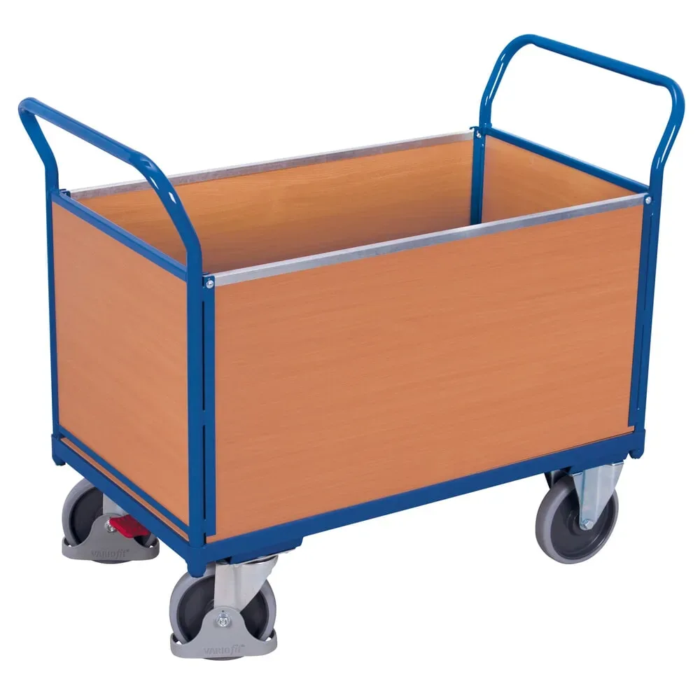 Vierwandwagen, Stahl/MDF-Platte, Enzianblau/Buche-Dekor, L 1000 x B 550 mm, herausnehmbare Längswände, TPE-Rollen mit EasySTOP, bis 500 kg