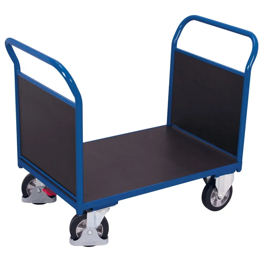 Doppel-Stirnwandwagen, Stahl/Siebdruckplatte, Enzianblau/Dunkelbraun, L 1595 x B 800 mm, Sperrholz-Stirnwände, Vollgummi-Rollen mit EasySTOP, 1000 kg