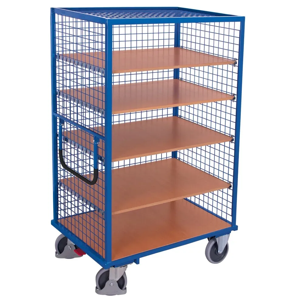 Drahtgitter-Etagenwagen, Stahl/MDF-Platte, Enzianblau/Buche-Dekor, 5 Etagen, 1245 x 785 mm, 3 Wände und Dach, EasySTOP, bis 500 kg