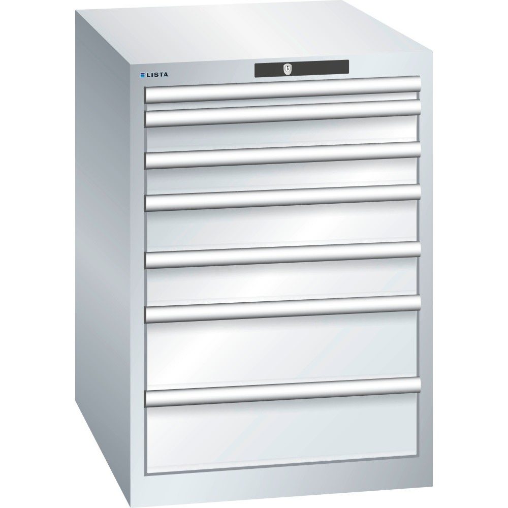 LISTA Schubladenschrank 27x36E, (BxTxH) 564x725x800mm, 7 Schubladen, Fronthöhen 50-150mm, lichtgrau, AUTO Lock