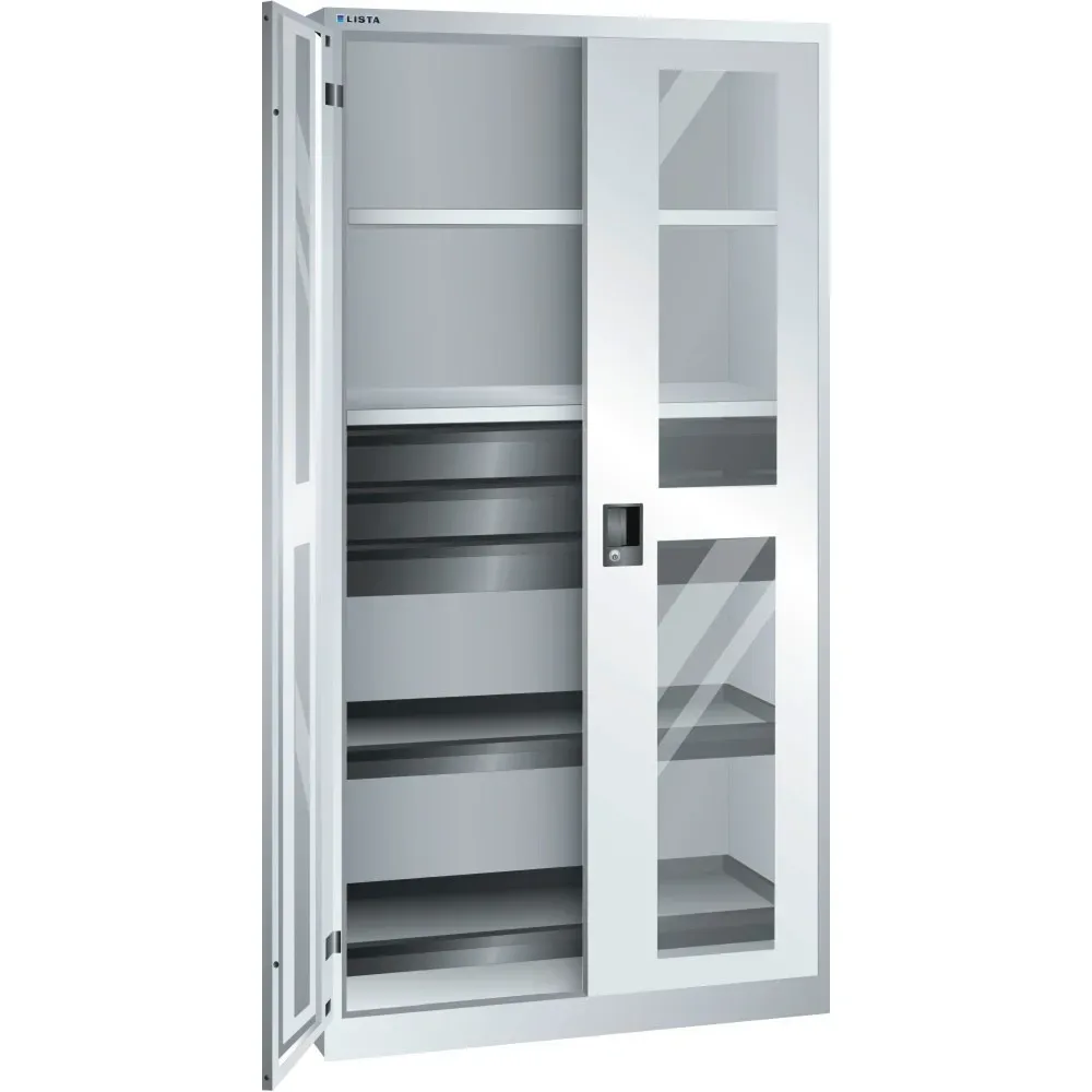 Sichtfensterschrank, HxBxT 1950 x 1000 x 580 mm, mit 2 Fachböden, 2 Auszugböden und 3 Schubladen, lichtgrau LISTA