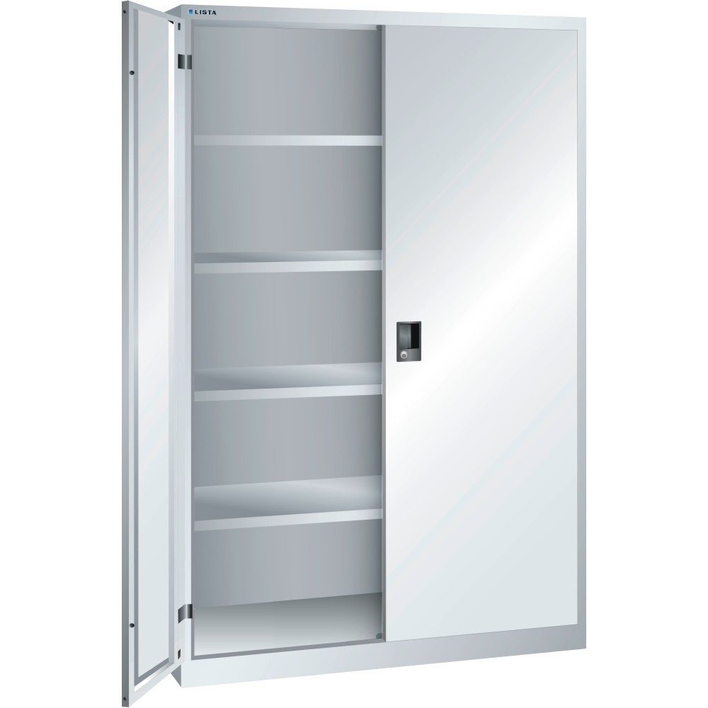 Flügeltürschrank, Vollblechtüren, HxB 1950 x 1250 mm, Tiefe 580 mm, lichtgrau RAL 7035 LISTA