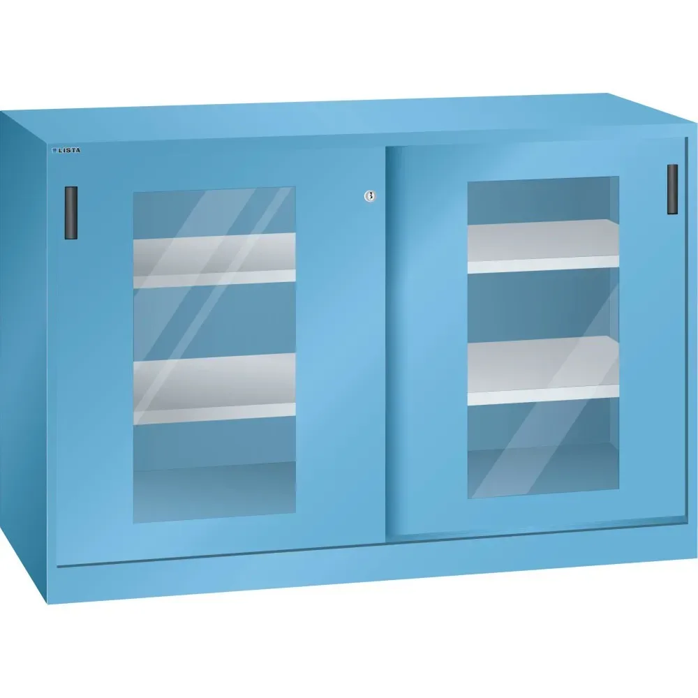 LISTA Beistellschrank mit Schiebetüren, (BxH) 1500x1000mm, 4 Verstellböden, Sichtfenster, Tiefe 580mm, lichtblau