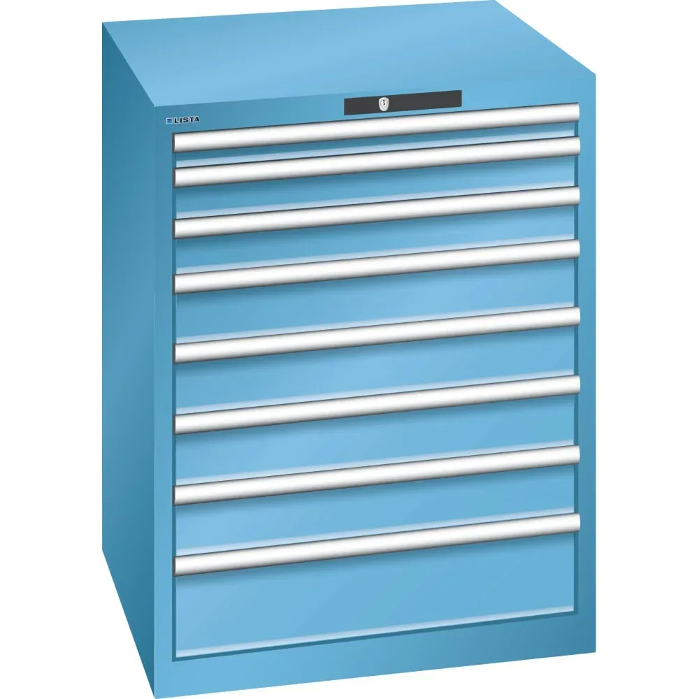 LISTA Schubladenschrank 36x36E, (BxTxH) 717x725x850mm, 8 Schubladen, Fronthöhen 50-150mm, lichtblau, CODE Lock