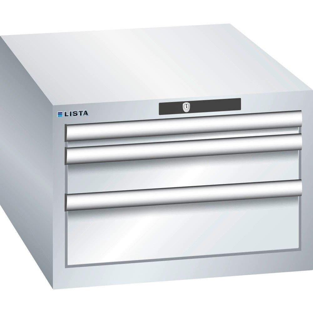LISTA Schubladenschrank 27x36E, (BxTxH) 564x725x383mm, 3 Schubladen, 1 x 50 / 1 x 100 / 1 x 150, lichtgrau, AUTO Lock