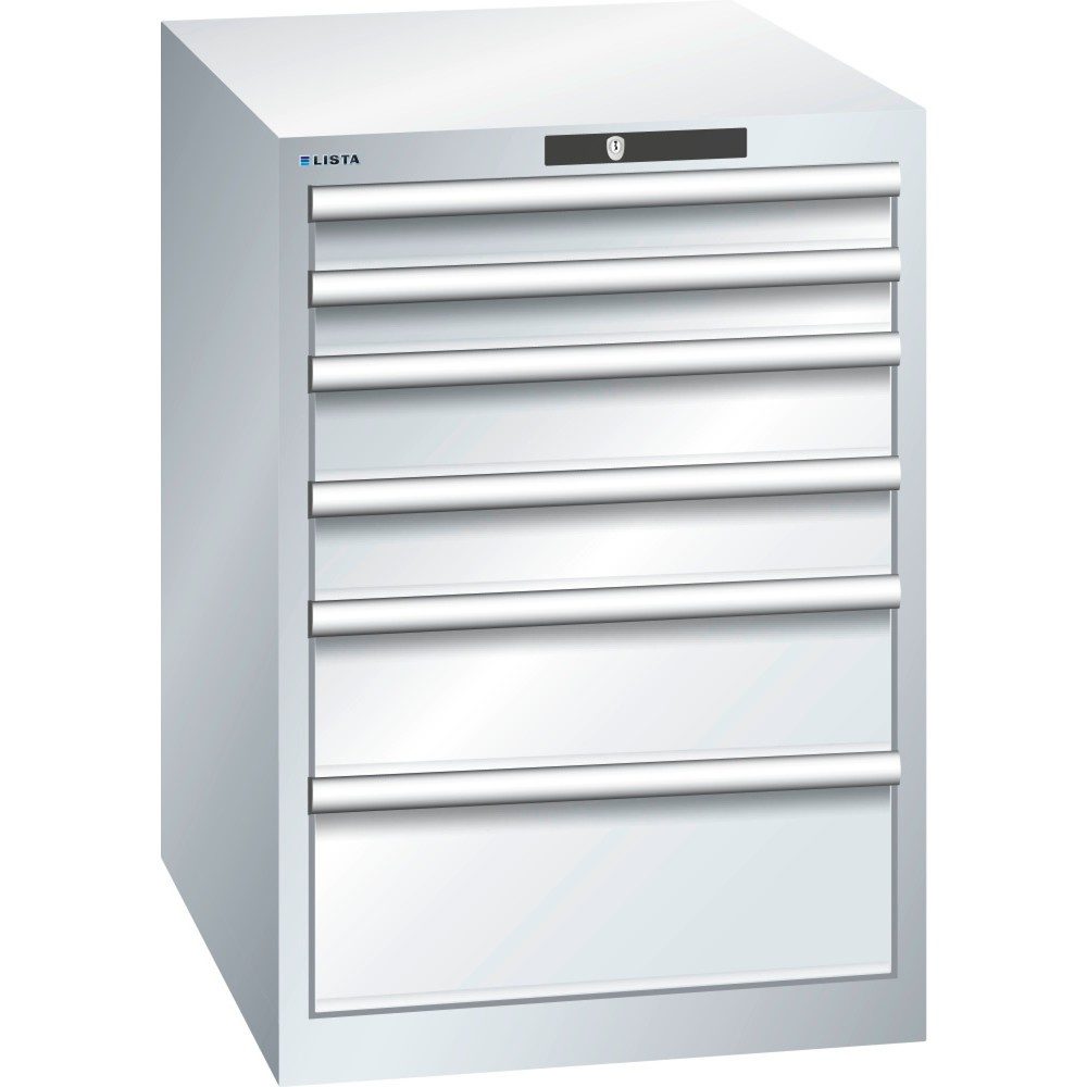LISTA Schubladenschrank 27x36E, (BxTxH) 564x725x800mm, 6 Schubladen, Fronthöhen 75-200mm, lichtgrau, RFID Lock