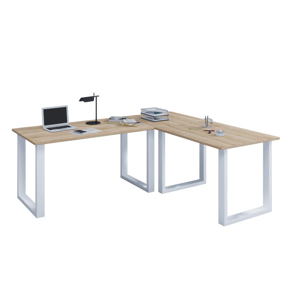 VCM Büro-Eckschreibtisch Lona, U-Fussgestell, Tischplatten BxT 2.200 x 800 und 1.900 x 800 mm, Sonoma-Eiche