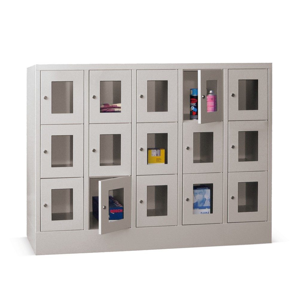PAVOY Schliessfachschrank mit Sichtfenster, 5 x 3 Fächer, HxBxT 1.187 x 1.500 x 500 mm, lichtblau, lichtgrau