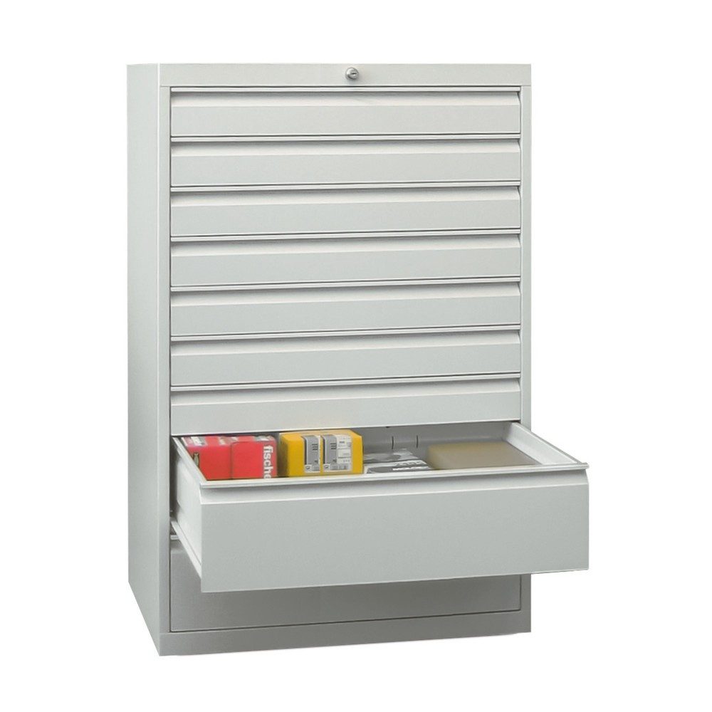 PAVOY Schubladenschrank, Höhe 1.200 mm, Schubladen 7x100 + 2x200 mm, Breite 1.023 mm, lichtgrau, enzianblau