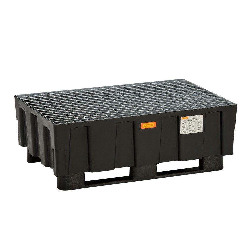 EURO-Auffangwanne 250/2 CEMO, Polyethylen, mit 2 Kufen, mit Zulassung, B 1205 x T 805 x H 430 mm, mit verzinktem Gitterrost