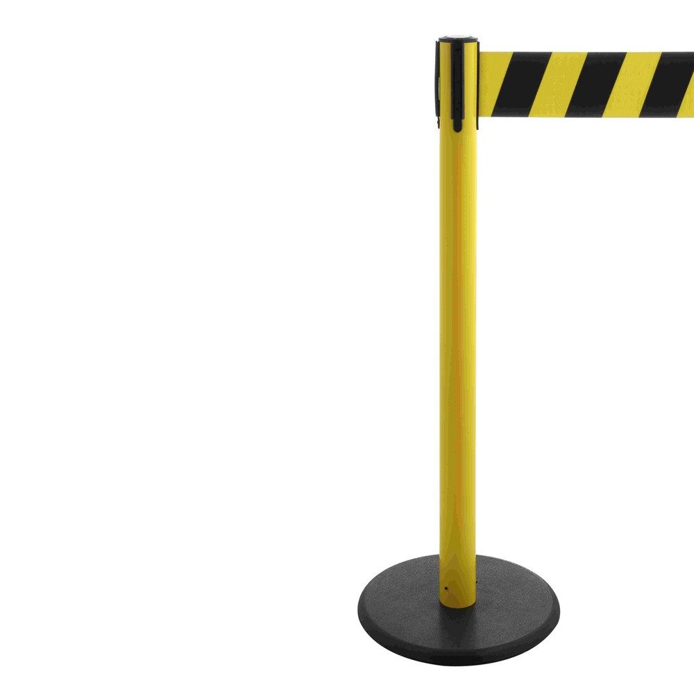 RS-GUIDESYSTEMS® Gurt-Absperrpfosten, Bodenteller aus Guss, Gurtbreite 100 mm, gelb, schwarz / gelb diagonal gestreift, 3,8 m