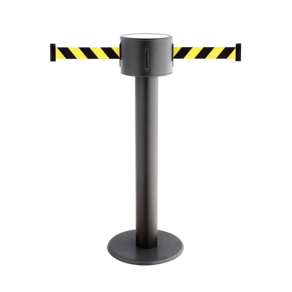 RS-GUIDESYSTEMS® Gurt-Absperrpfosten, 2-seitig, aus Metall + 2 Wandclips, schwarz / gelb diagonal gestreift