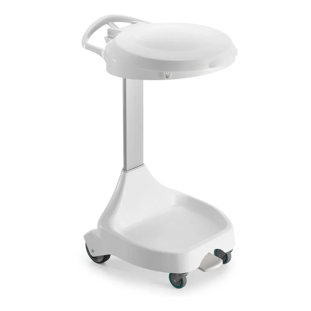 Mobiler Pedal-Abfallsackhalter Delta I, für 120-Liter-Säcke, 2 Räder + 2 Lenkrollen, Gestell weiss, Deckel blau