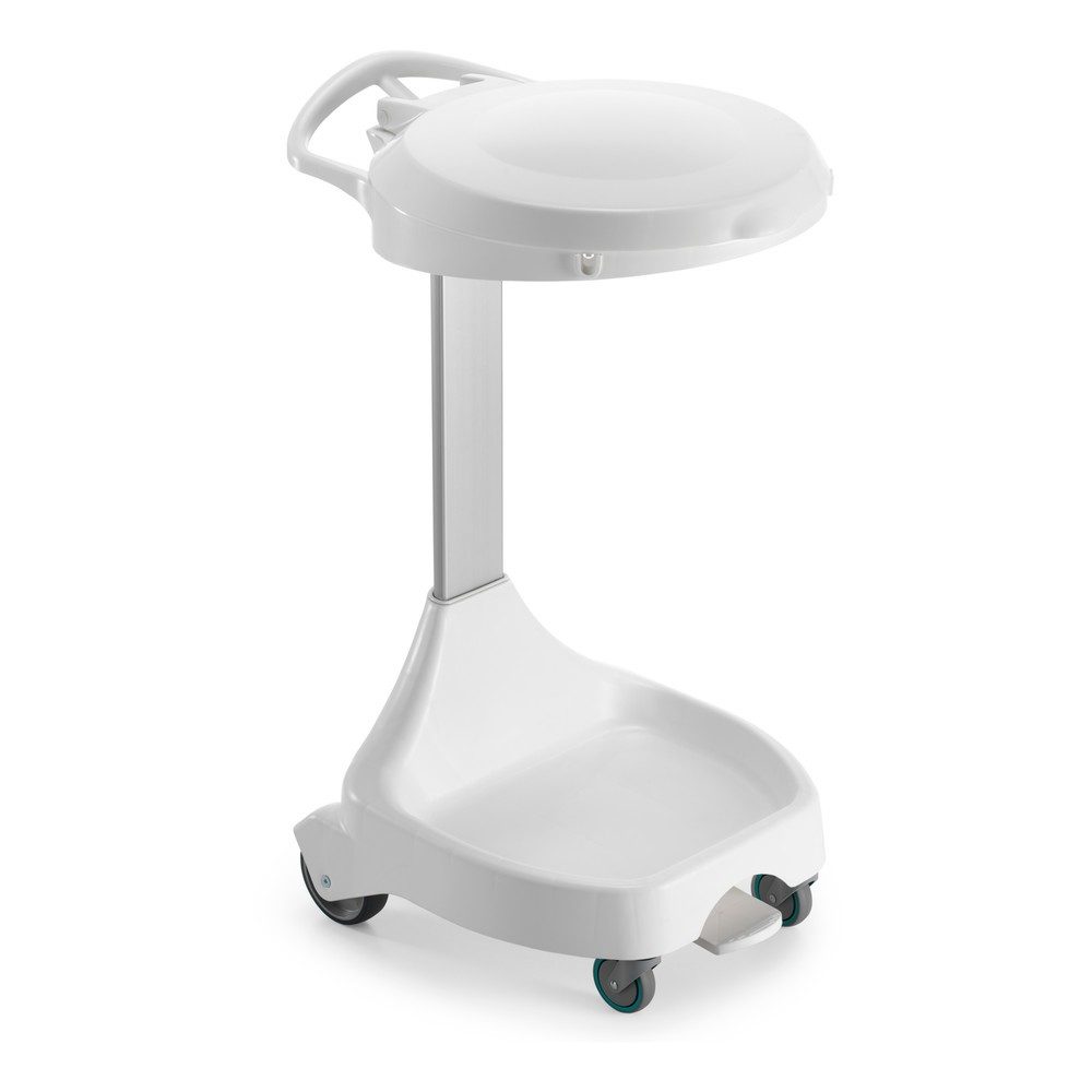 Mobiler Pedal-Abfallsackhalter Delta I, für 120-Liter-Säcke, 2 Räder + 2 Lenkrollen, Gestell weiss, Deckel blau