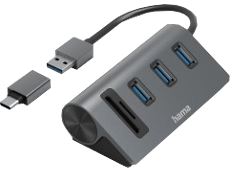 hama 00200140 USB-Hub/Kartenleser, 5 Ports, 3x USB-A, SD, microSD, inkl. USB-C-Adapter