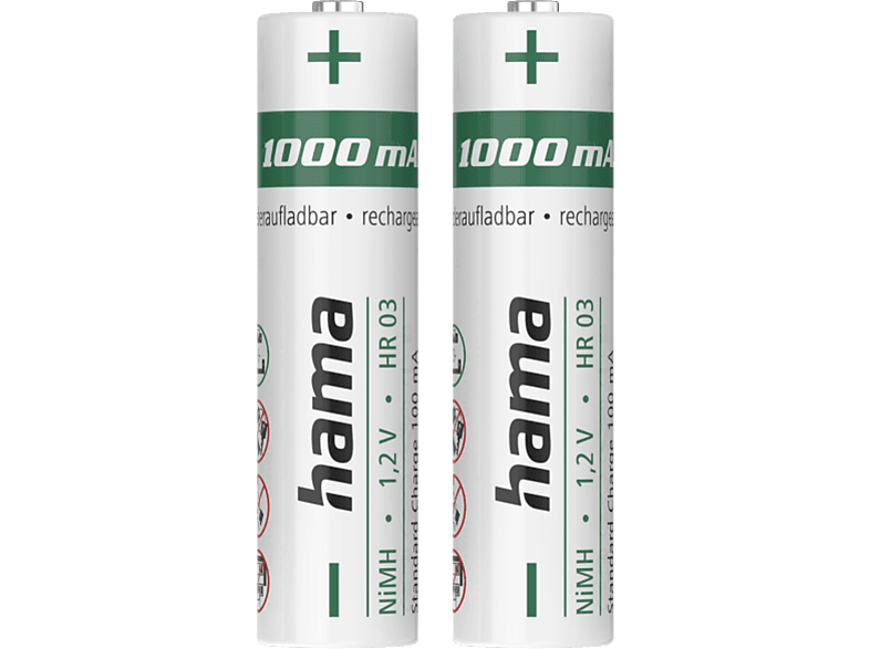 Hama NiMH-Akkus, AAA Micro, 1000 mAh, 1,2 V, 2 Stück Micro (AAA)-Akku NiMH 1.2 V 2 St.