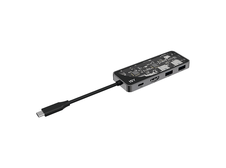 ISY IAD-1028-2 4-in-1-USB-C -Multiport Adapter mit Power Delivery, Silber Aluminium/Transparent