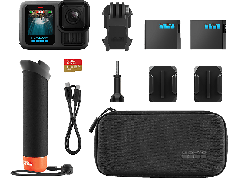 GoPro HERO13 Black Accessory Hard Bundle Action Cam Webcam, GPS, 5.3K, 360°, Bluetooth, WLAN, Touch-Screen, Stereo