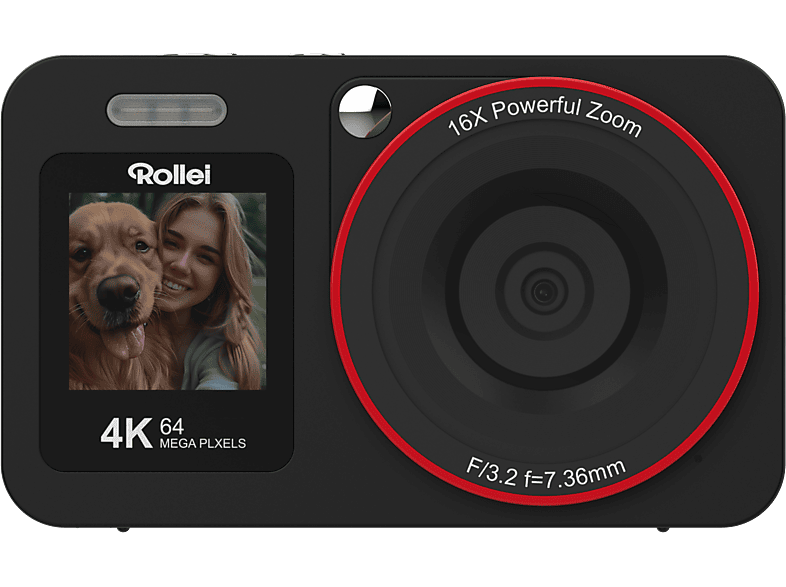 ROLLEI Compactline 64 Dual Screen Digitalkamera Schwarz, Kein opt. Zoom, 2.8 IPS-Display auf der Rückseite + 1.4 Display Vorderseite