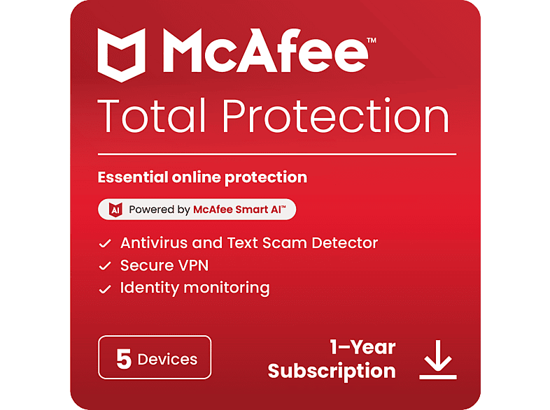 McAfee Total Protection - 5 Geräte 1-Jahres-Abonnement Multiplattform [Deutsch, Französisch, Italienisch]