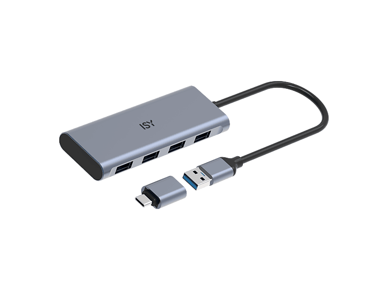 ISY IHU-5001 USB-A/C to 4x USB-A 3.2 Gen1Hub, Hub auf mit 4 Anschlüssen, Silber
