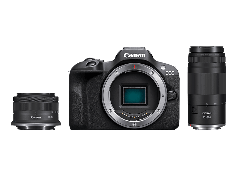 CANON EOS R100 Body + RF-S 18-45mm F4.5-6.3 IS STM RF 75-300mm F4-5.6 Systemkamera mit Objektiv 18 - 45 mm / 75 300 mm, 7.5 cm Display, WLAN