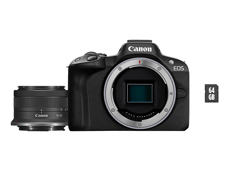 CANON EOS R50 Body + RF-S 18-45mm F4.5-6.3 IS STM SD-Karte Systemkamera mit Objektiv 18 - 45 mm, 7.5 cm Display Touchscreen, WLAN
