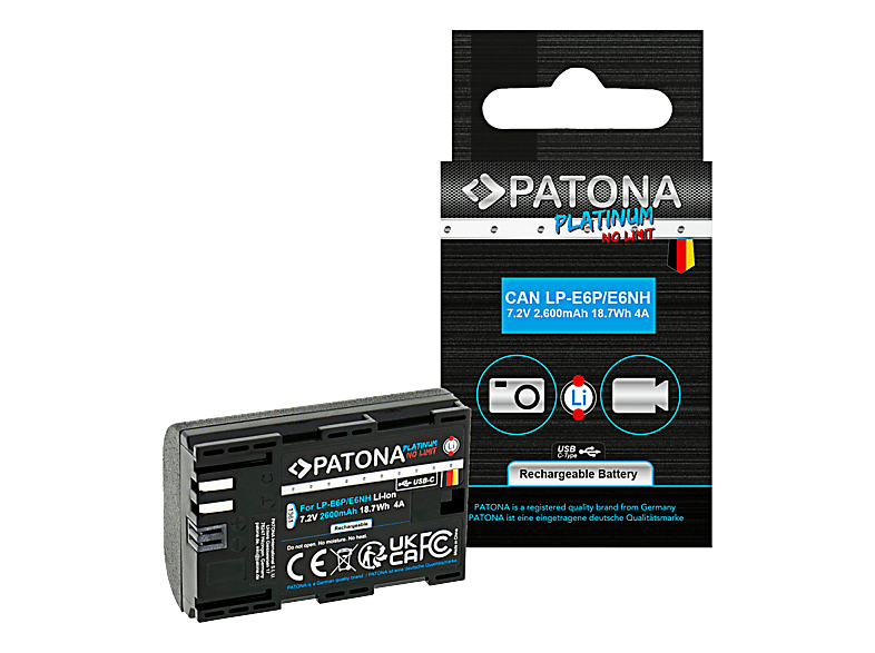 PATONA Platinum LP-E6P (1361V2) Lithium-Ionen Ersatzakku, 7.2 V, 2600 mAh