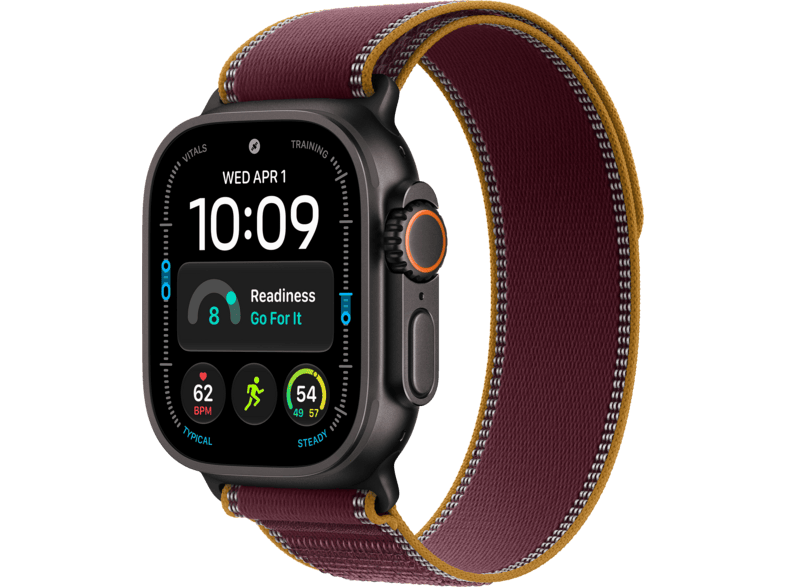 APPLE Watch Ultra 4 (GPS + Cellular) 49 mm Smartwatch Titan, Klasse 5, 145 - 220 (M/L), Black Titanium Case/Burgundy Trail Loop