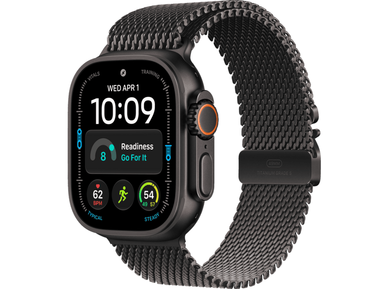 APPLE Watch Ultra 4 (GPS + Cellular) 49 mm Smartwatch Titan, Klasse 5, 180 - 210 (L), Black Titanium Case/Black Milanese Loop